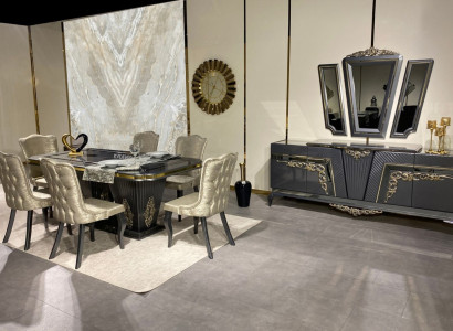 Dining room set 9 pieces. Dining table + 6x Chairs Sideboard with Mirror Gray new